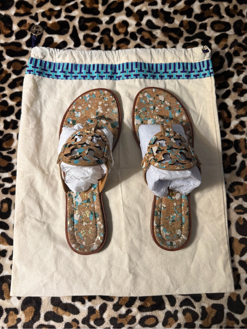 Women's Cork-Effect Slide Sandals in Tan with Teal and White Accents